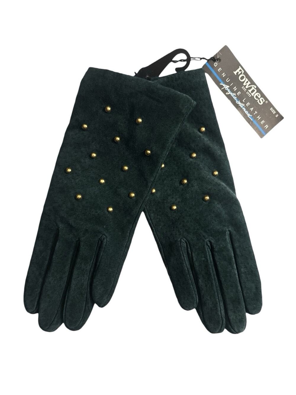 VTG Fownes Genuine Leather Gloves Green Suede Gold Studs Womens S Acrylic Lined